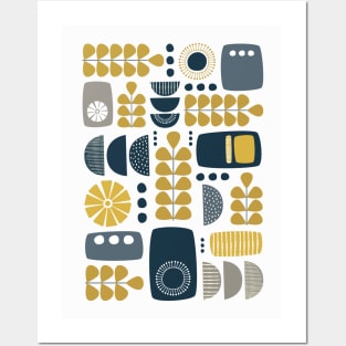 Retro Mid Century Modern in Navy Blue, Mustard Yellow and Grey Posters and Art